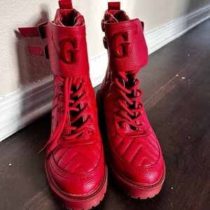 Guess red leather oak Combat logo strap lug boots lace up quilted chunky